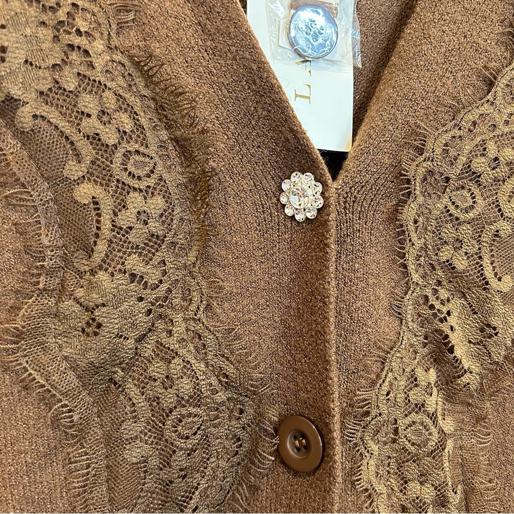 Laura Knitted Cardigan Sweater Lace Detail Coffee Brown - Picture 8 of 12